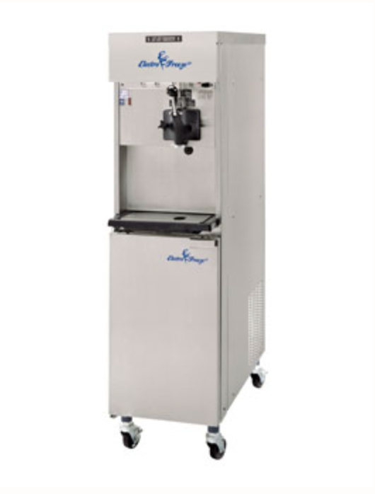 Une machine à glace en acier inoxydable avec des roues sur fond blanc