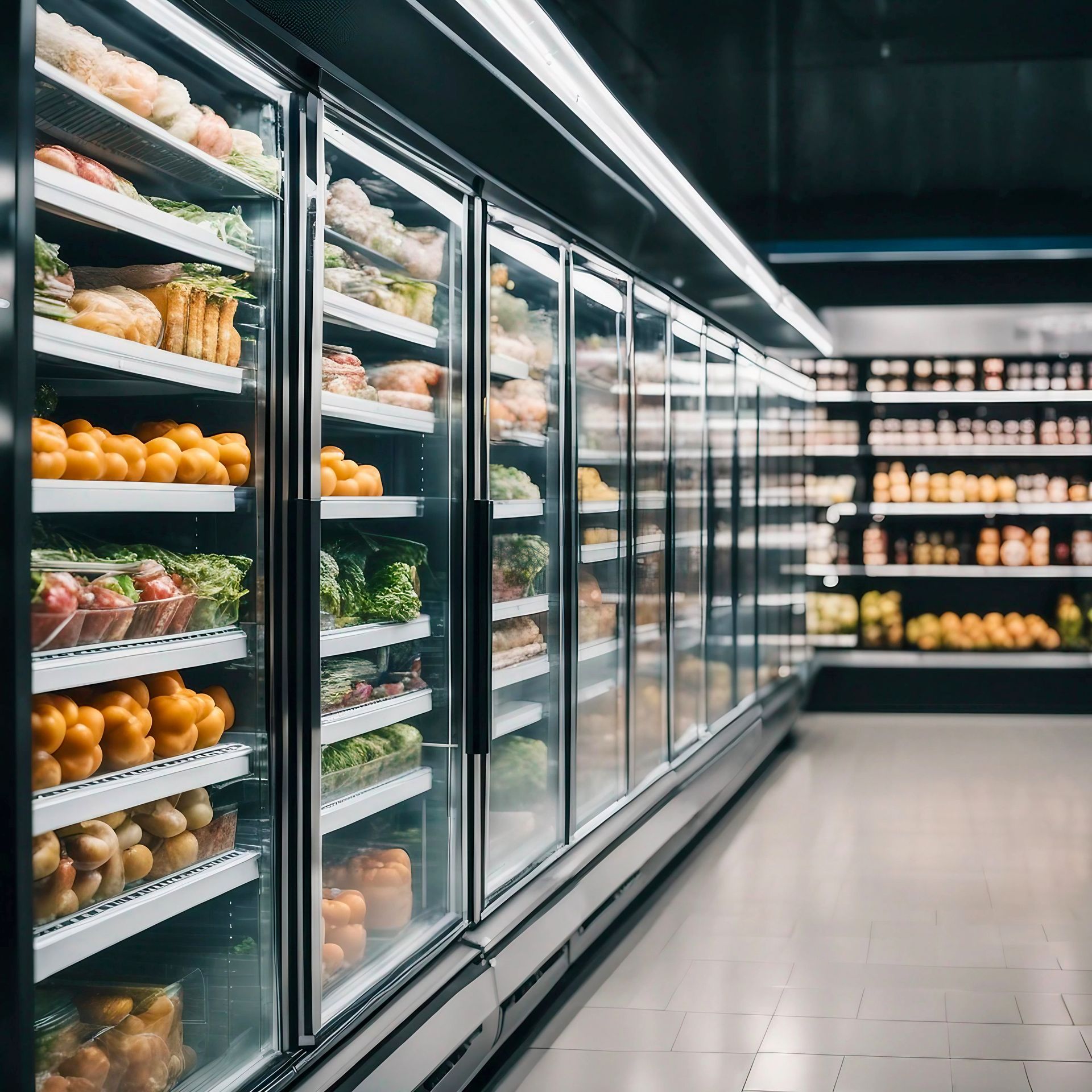 Des vitrines réfrigérées remplies de produits frais et de plats préparés dans une épicerie bien éclairée.