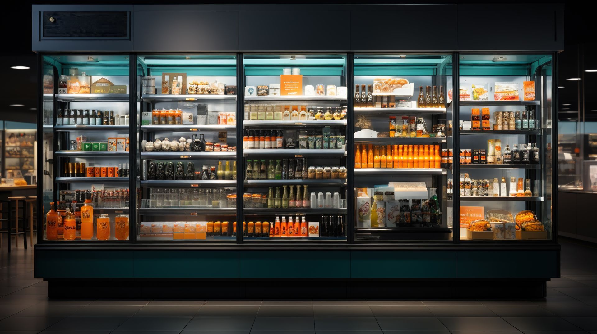 Réfrigérateur commercial garni de boissons et de produits alimentaires variés. Finitions turquoise, éclairage vif.