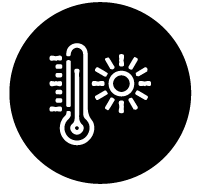Un thermomètre et une icône de soleil dans un cercle noir.