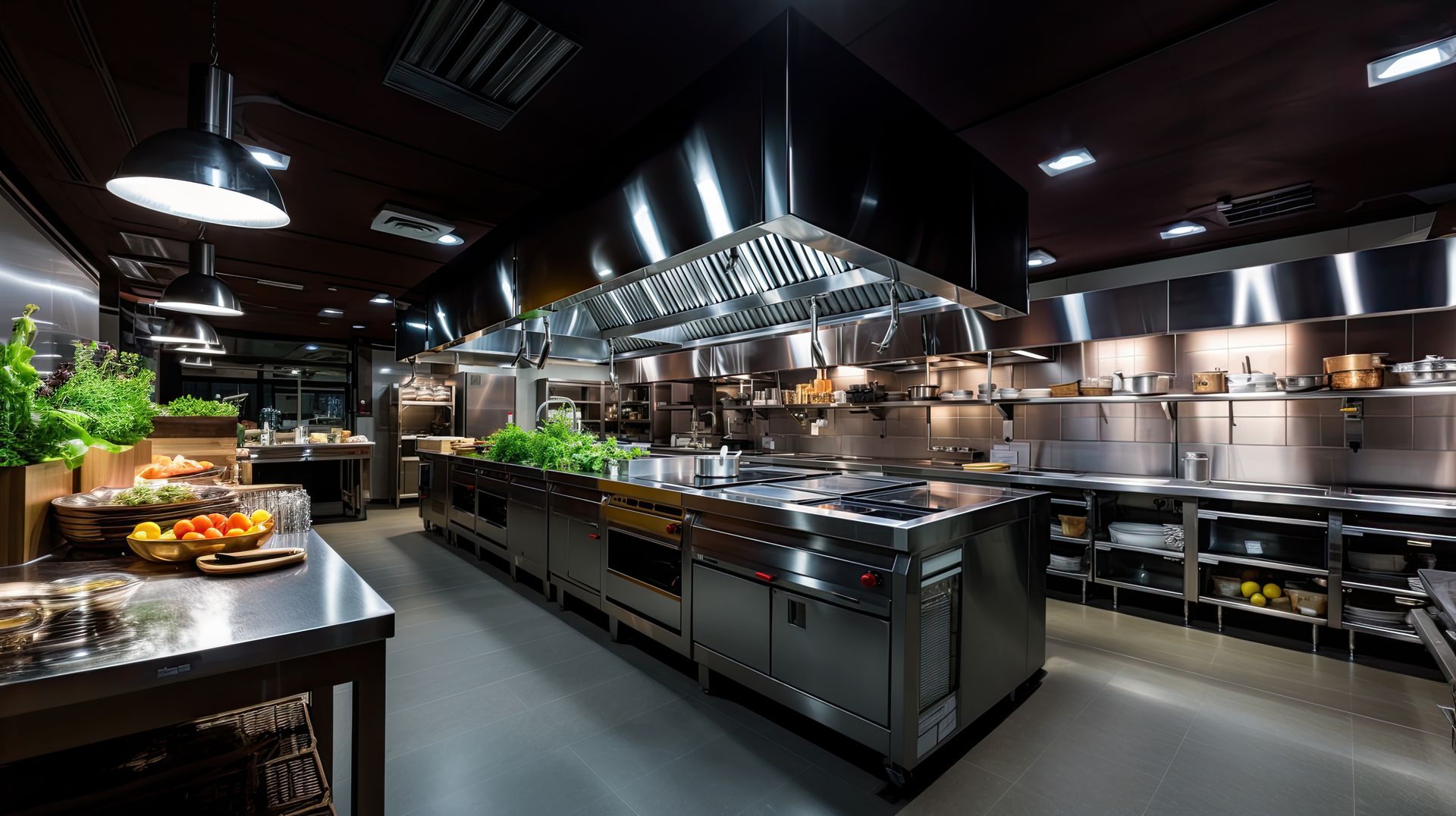 Cuisine commerciale avec appareils en acier inoxydable, plafond noir et herbes vertes.