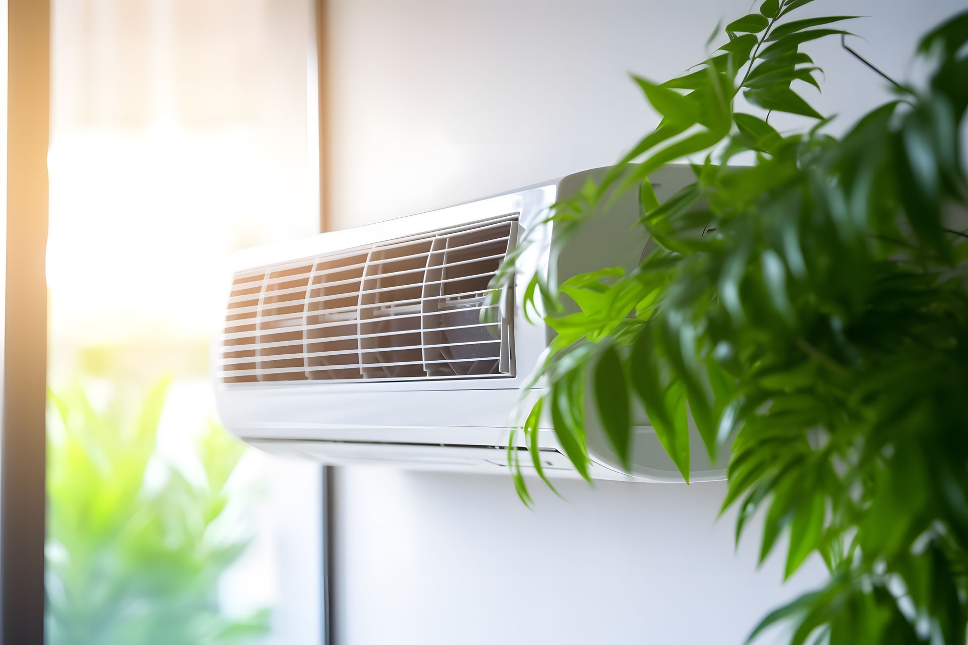 Climatiseur blanc sur un mur blanc, avec une plante verte devant une fenêtre lumineuse.