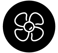 Une icône de ventilateur blanc dans un cercle noir sur fond blanc.