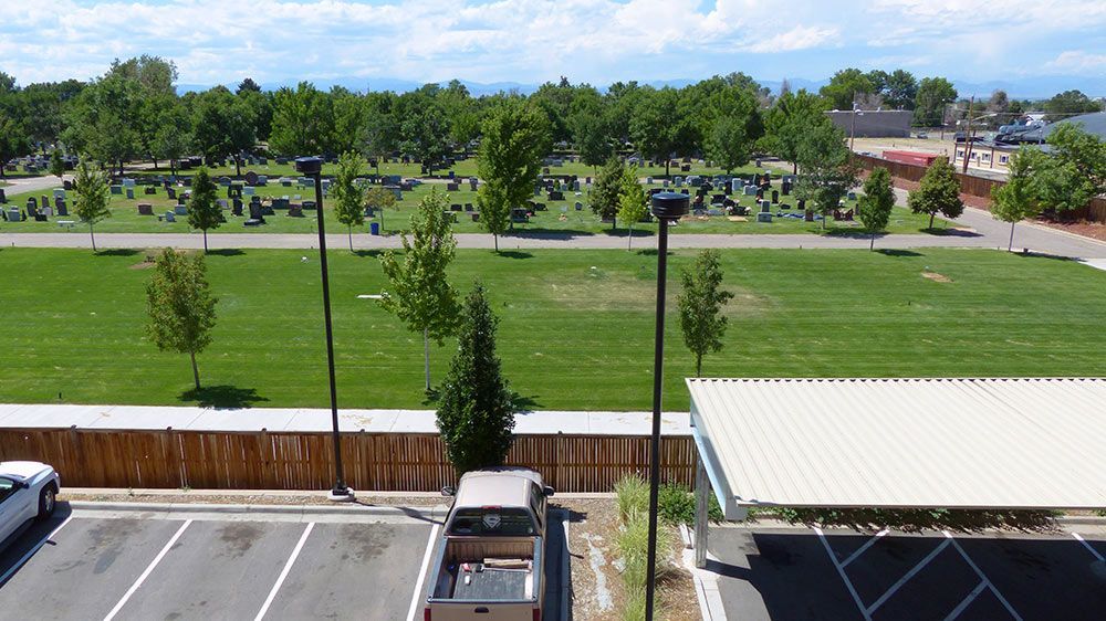 Parking lot beside a green park with trees, lampposts, and a road under a clear sky