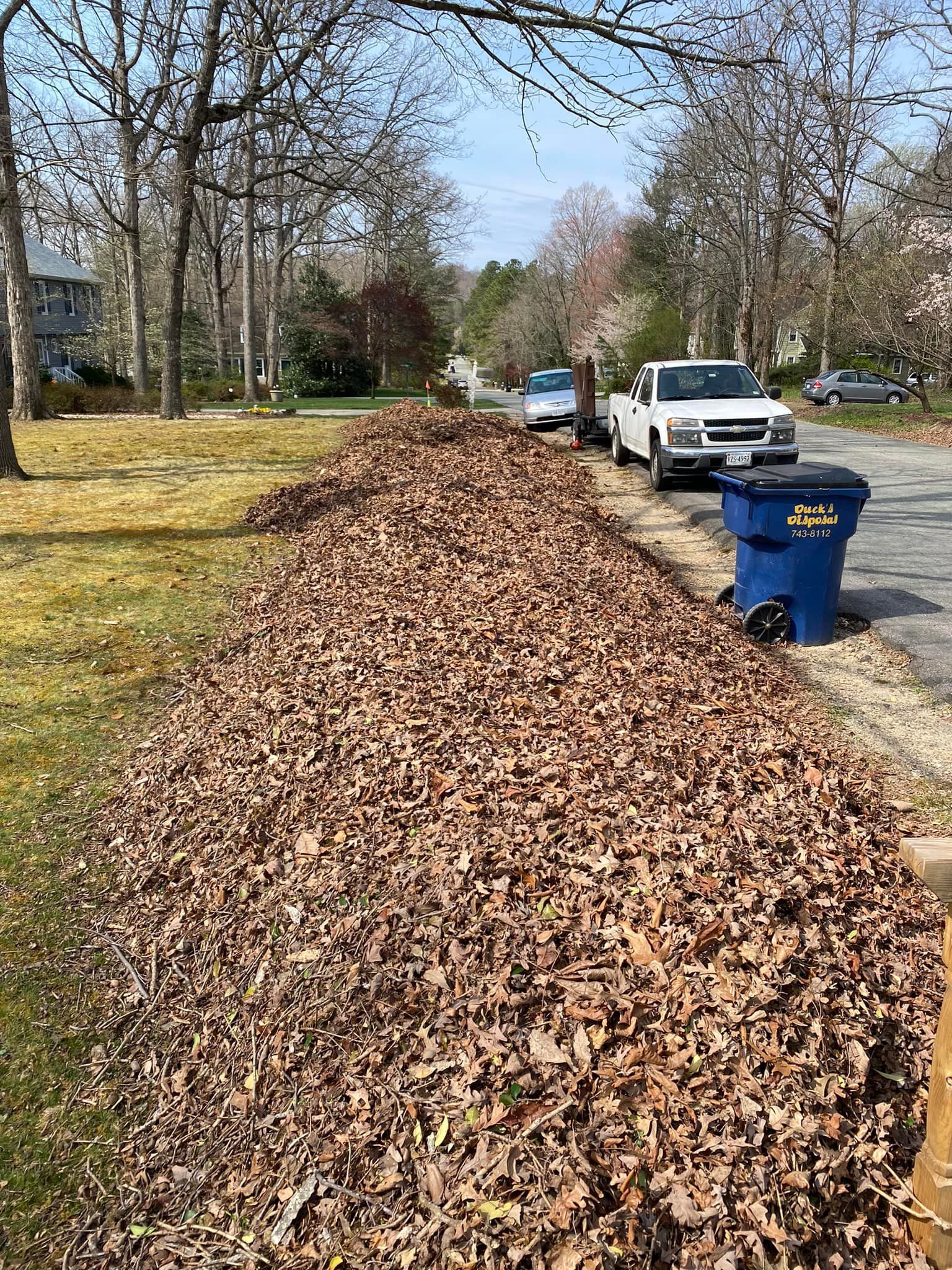 A pile of leaves on the side of the road next to a blue trash can.