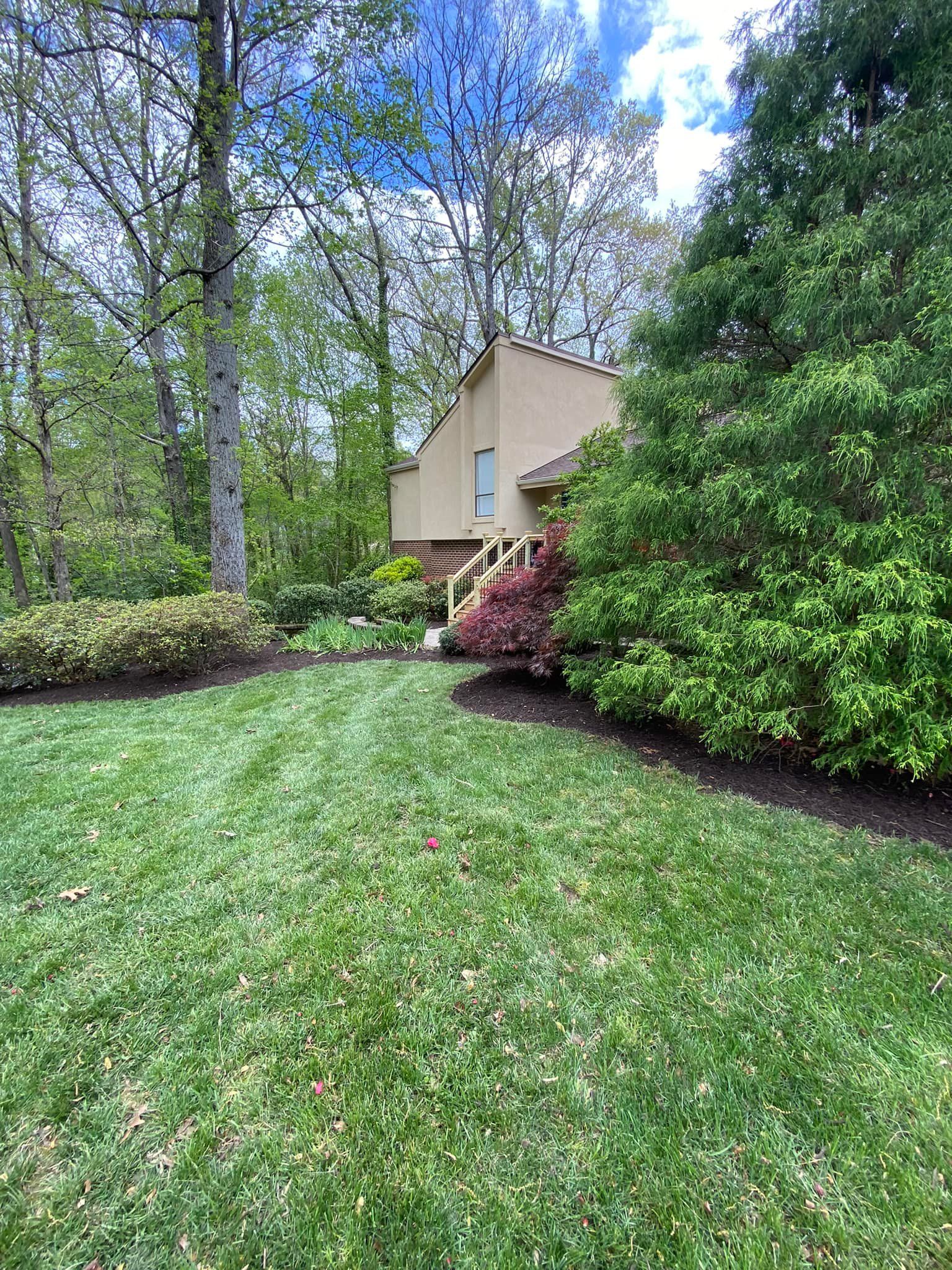 A lush green lawn in front of a house surrounded by trees.