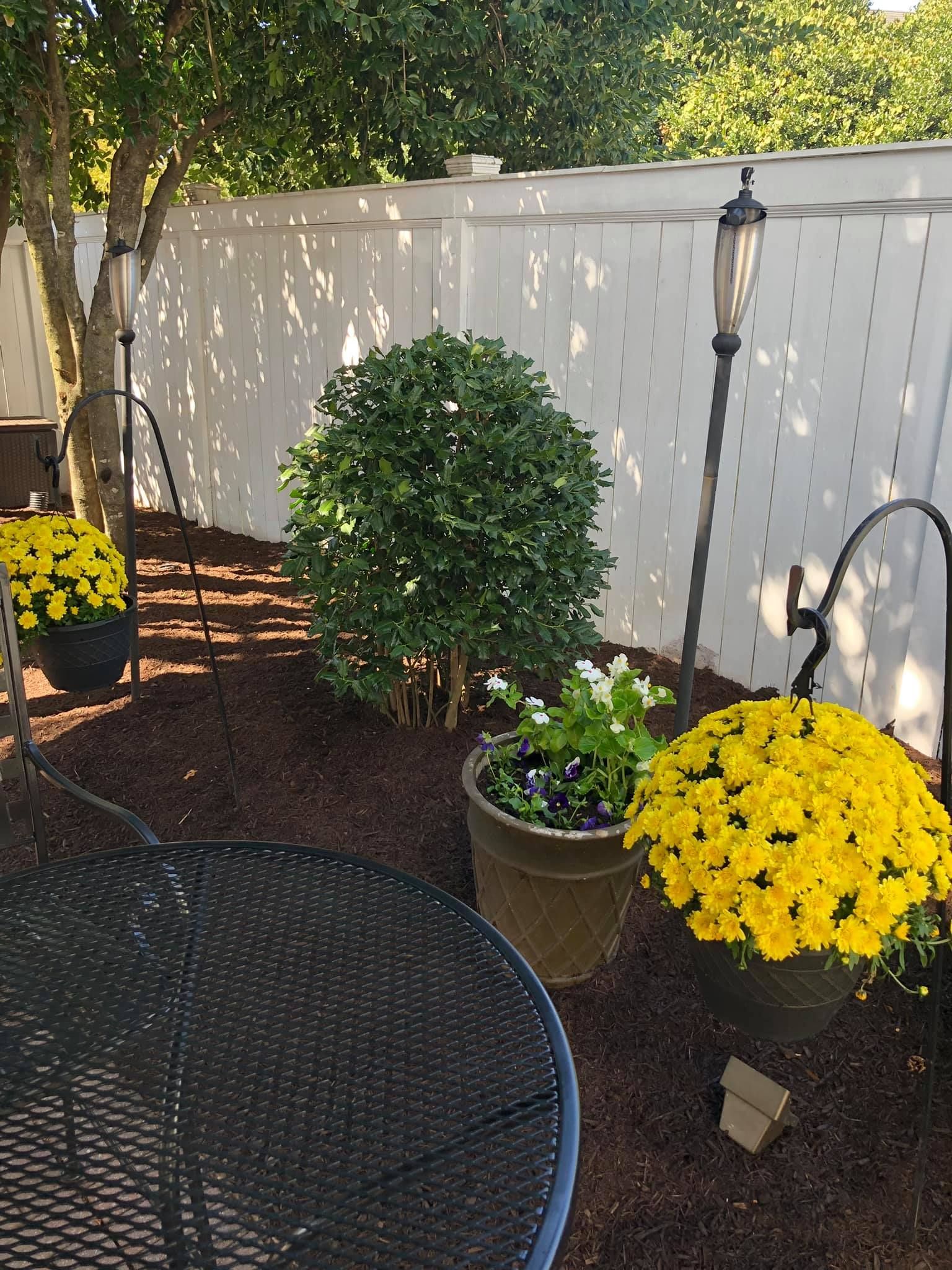 A patio with a table and chairs and yellow flowers in pots