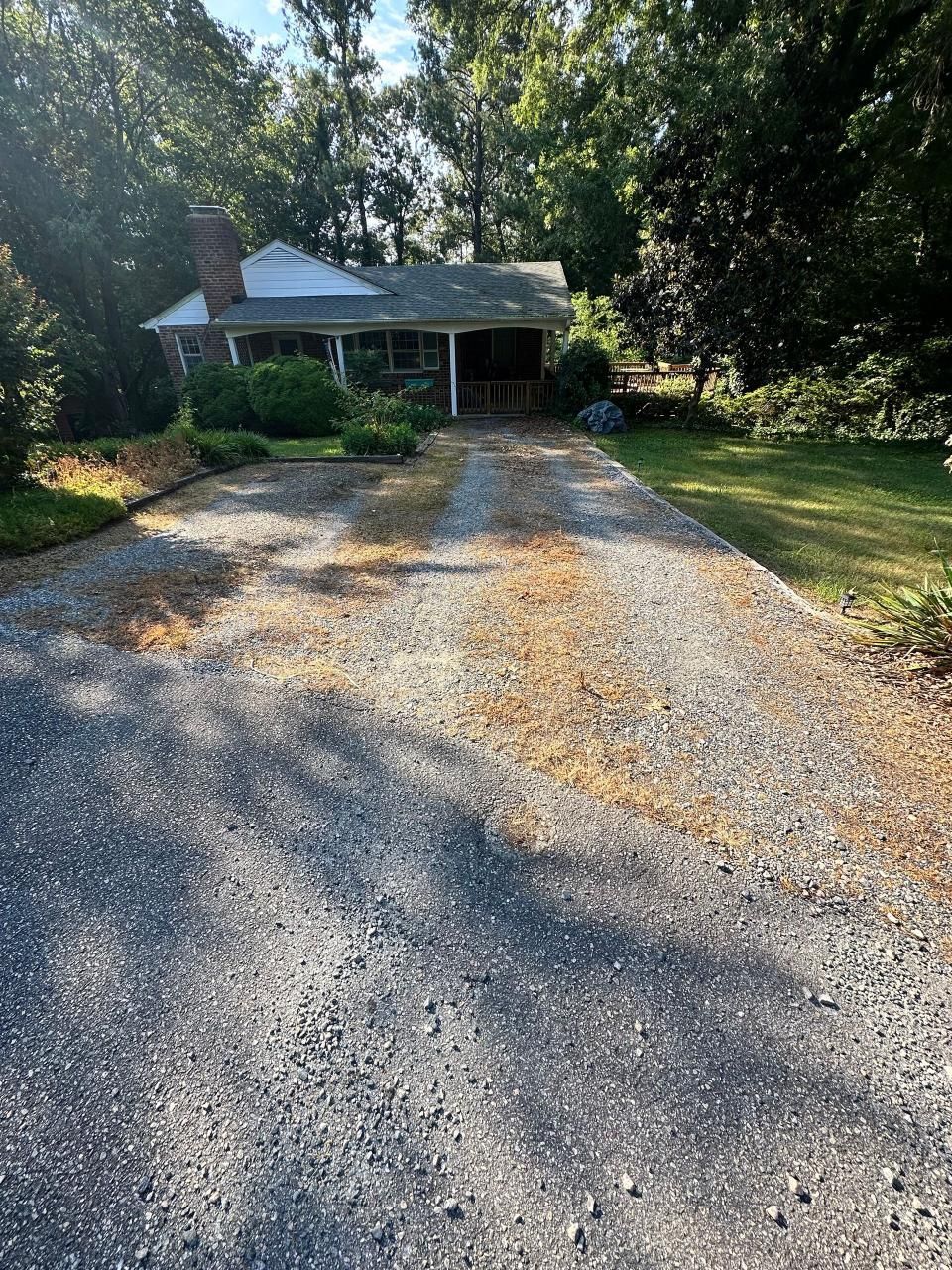 A gravel driveway leading to a house in the woods