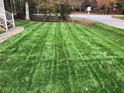 A lush green lawn is being mowed in front of a house.