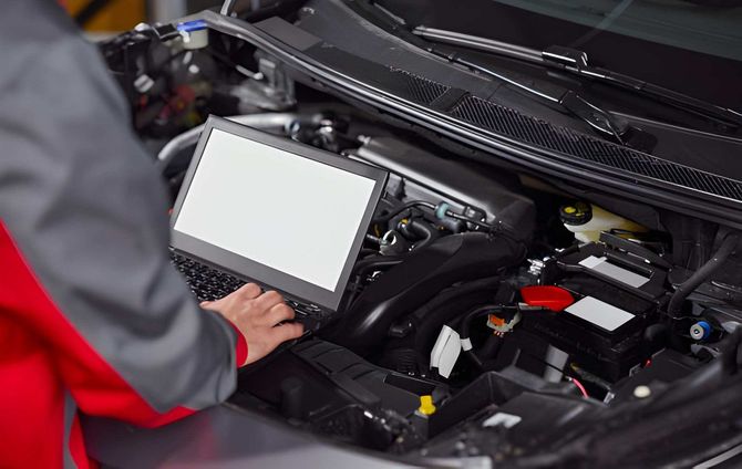 Mechanic using a laptop to diagnose a car engine in an open hood bay