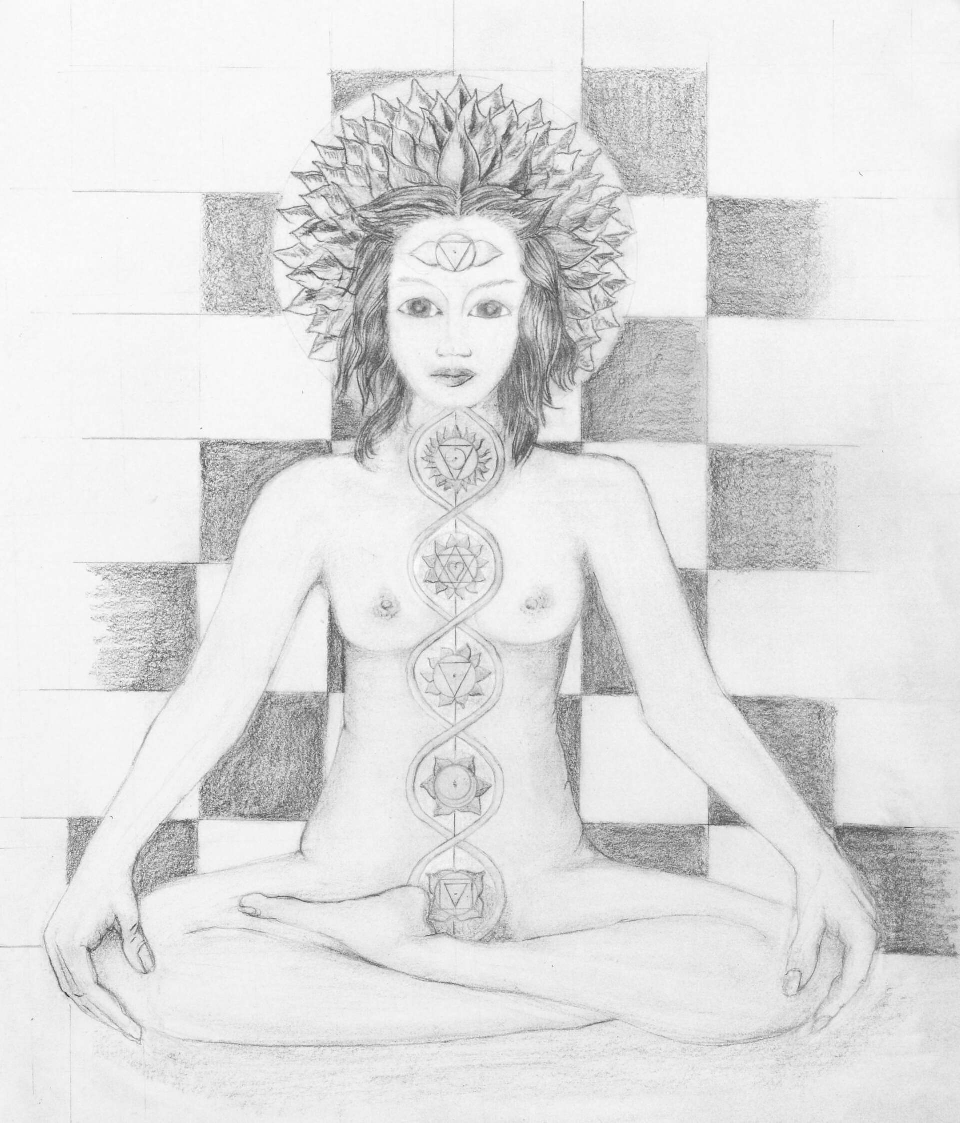 Pencil sketch of a seated meditating figure with chakra symbols and a radiant halo-like hair motif
