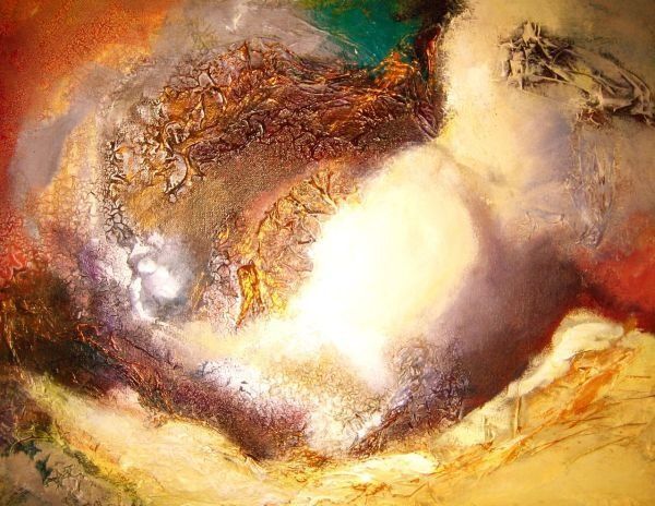 Abstract warm-toned painting with a bright white center, surrounded by brown, gold, and cream swirls