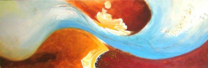 Abstract painting of swirling red, orange, blue, and white shapes