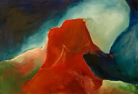 Abstract painting with a bright red central form against teal, blue, and cream shapes