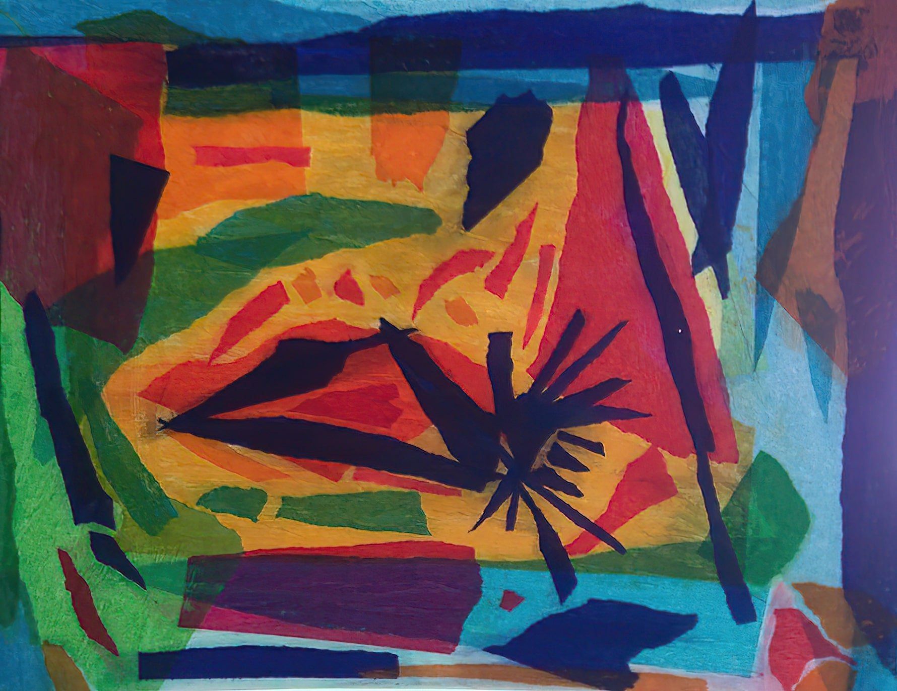 Abstract geometric painting with bright red, yellow, blue, and green shapes and bold dark lines.