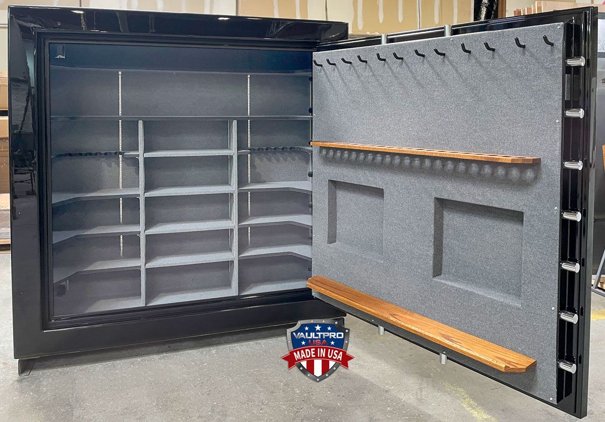 100 gun safe interior with custom long gun racks for rifles with scopes.