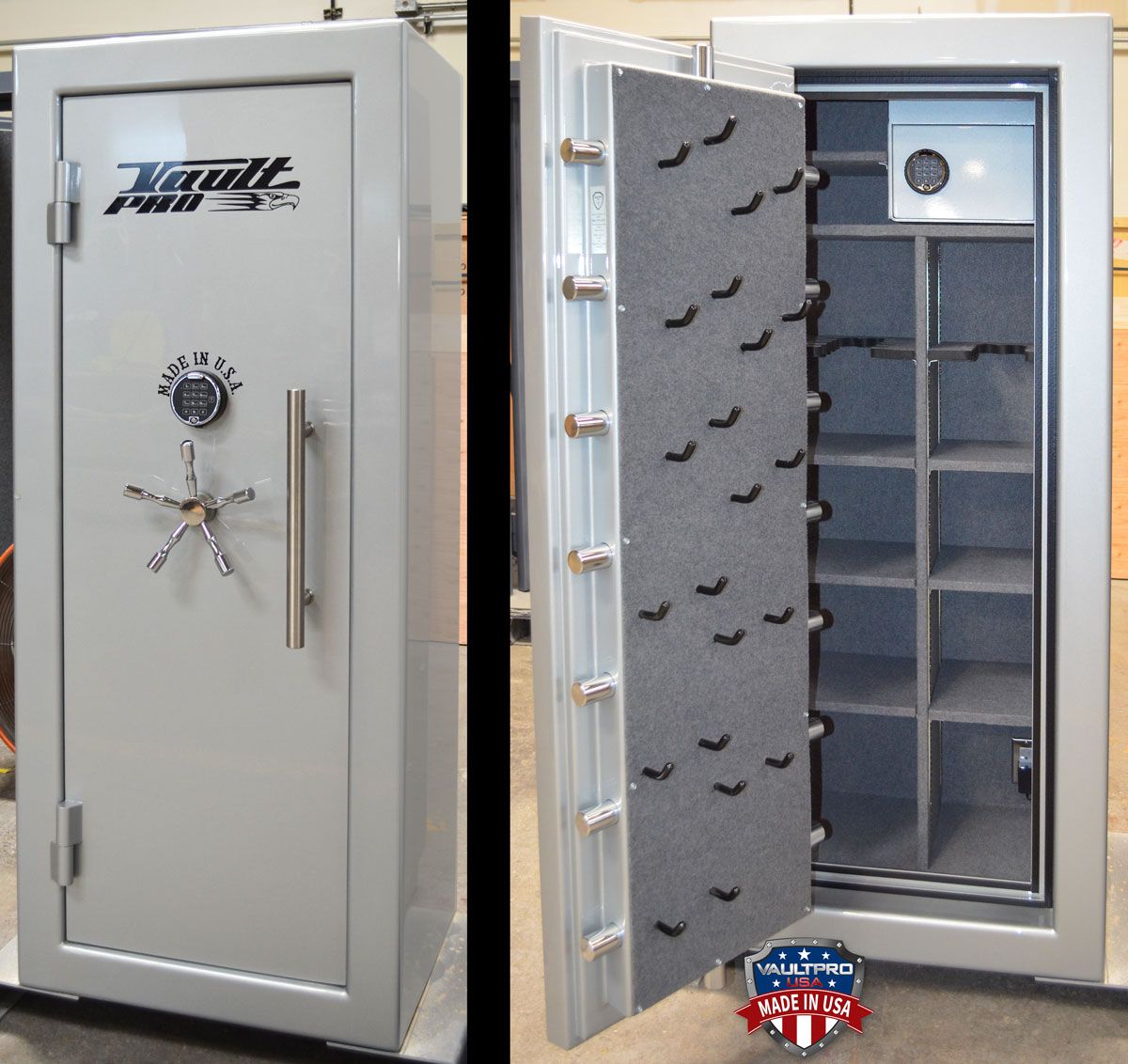 safe in silver gloss finish with safe-in-safe and pistol peg door back.