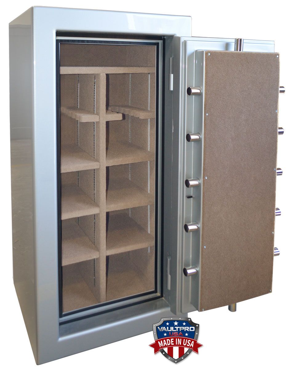 Image of 25 long gun safe made in USA. American Eagle AE-630 model safe interior in beige with shelves and long gun racks. Vault Pro USA