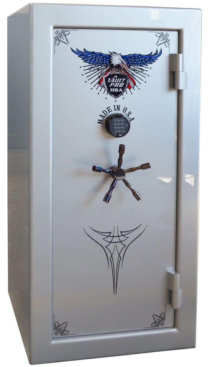 Image of 24 long gun safe made in America by Vault Pro USA. Safe shown in premium silver gloss metallic finish.