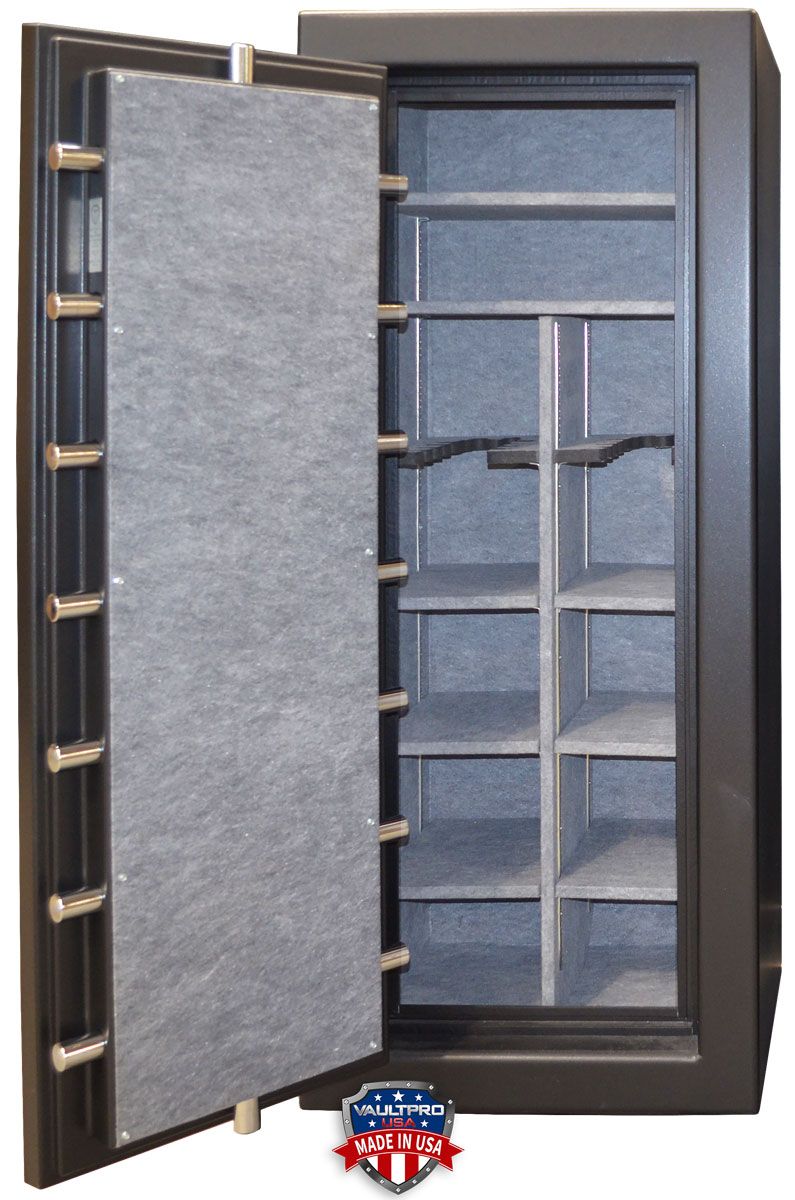 safe in black with fully adjustable interior, long gun racks and shelves.