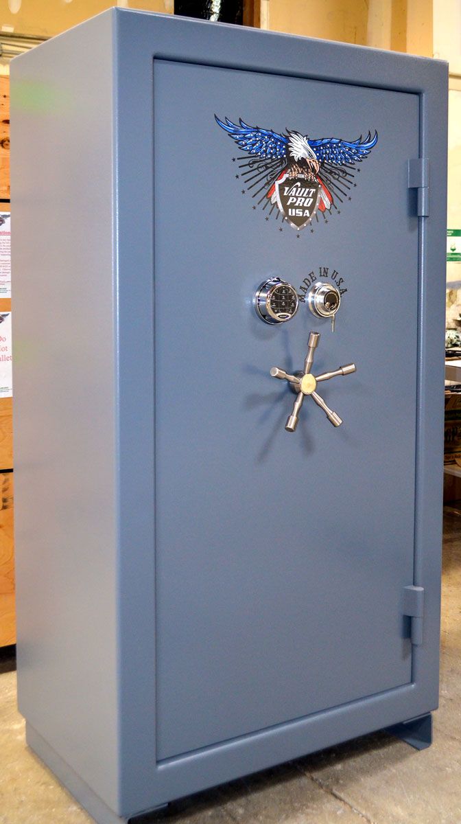 American Eagle AE-740 model safe in gray with optional dual locking system. Features: Securam SafeLogic Xtreme EMP-Proof Redundant electromechanical Safe Lock and S&G Group I mechanical lock.