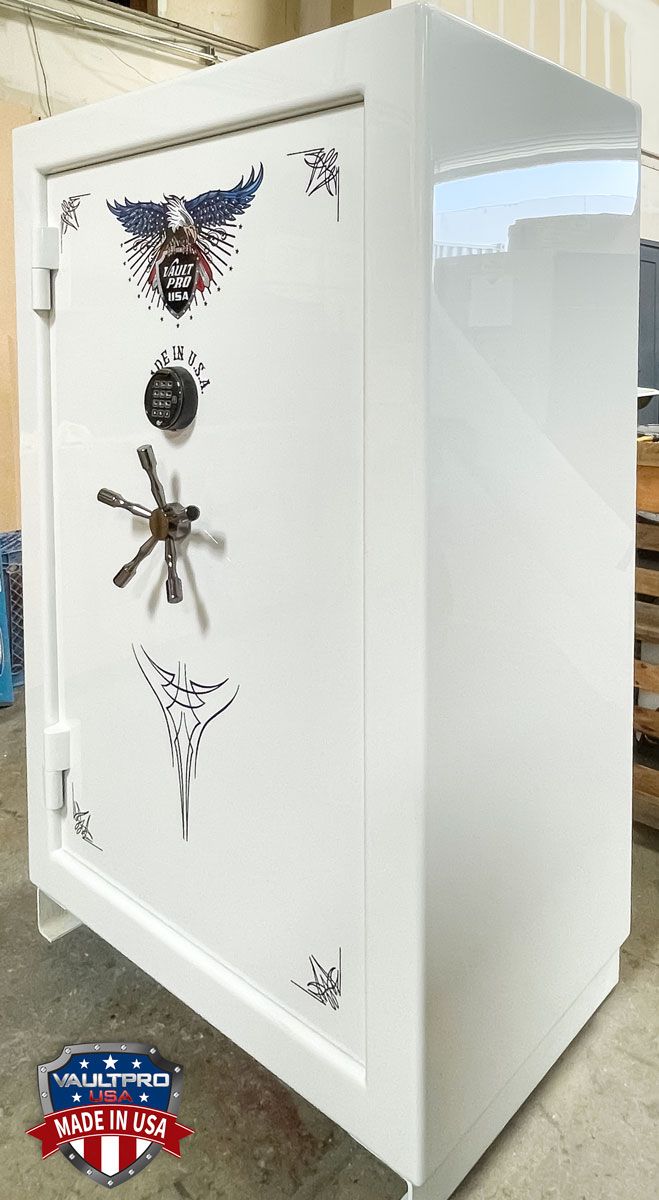 American made 35 long gun safe. American Eagle AE-640 model in optional custom Diamond White gloss finish. Made in USA by Vault Pro USA