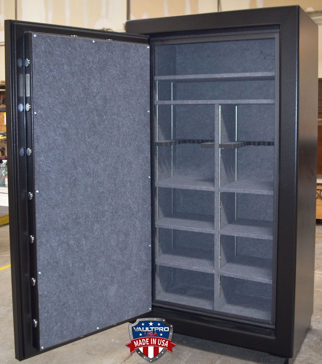 Image of 740 Model Safe 72Hx40Wx28D. Fully configurable interior. The proprietary automatic bolt detent system prevents locking bolts from hitting the body when the safe door is open. Safes made in America by Vault Pro USA