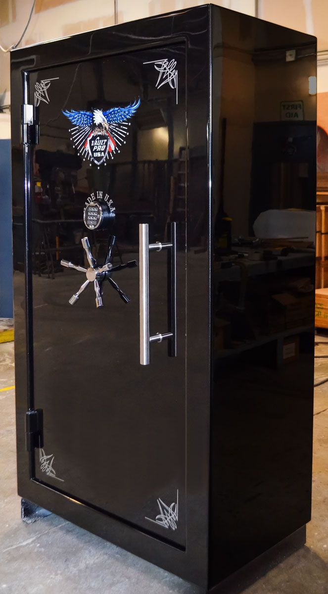 35 to 40 long gun safe finished in premium dual stage gloss black and fitted with optional pull handle. Made by Vault Pro USA
