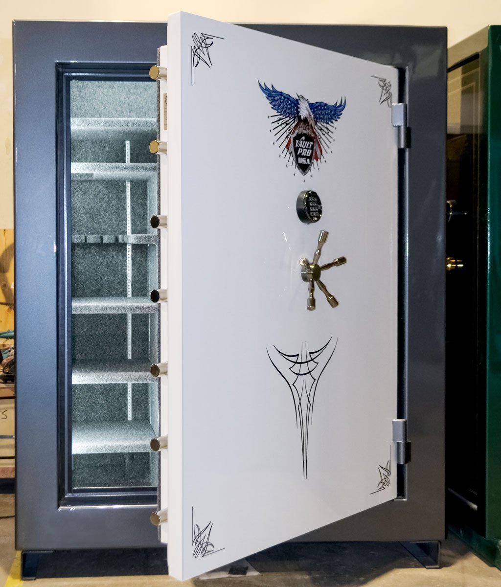 60 gun safe with door open showing fully configurable safe interior and automatic lighting.