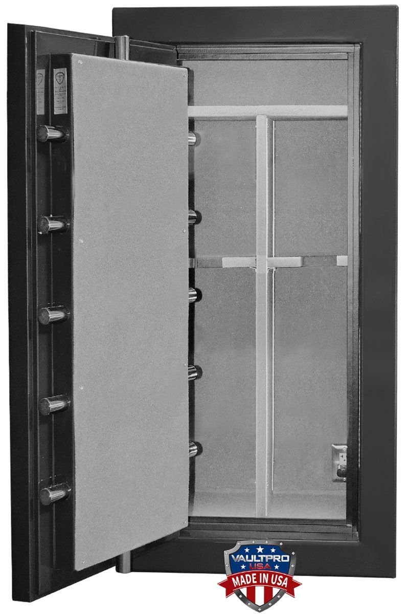 gun safe interior with lighting, electrical and gun racks