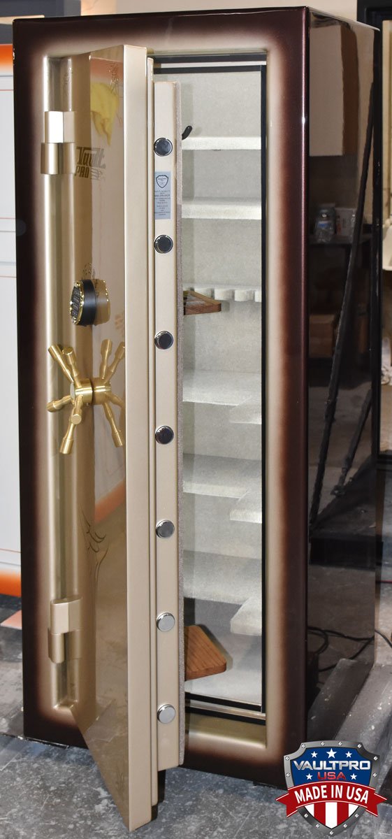 One safe is left hinged the other right hinged. This allows safes to both be open without possibility of doors interfering with access.