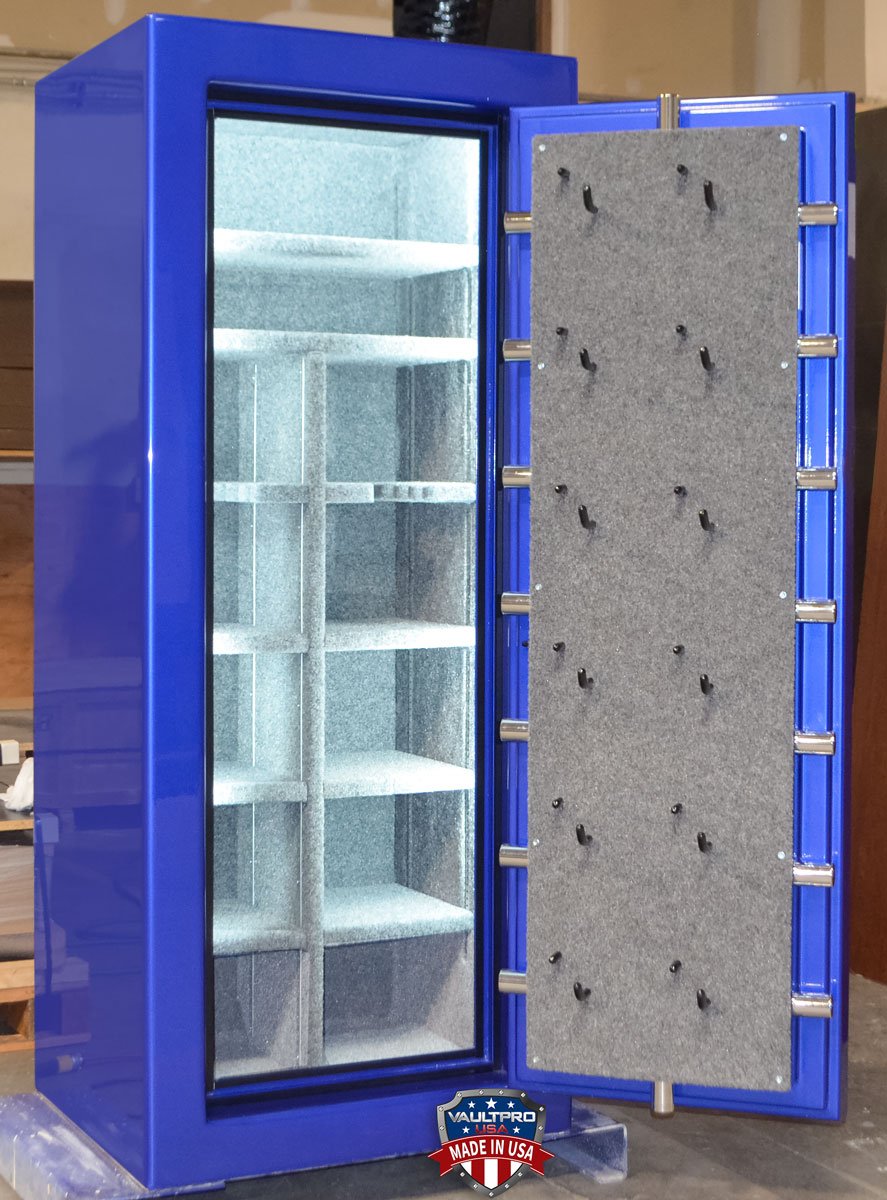 American Eagle 730 model safe with optional custom electric blue gloss finish. Interior features automatic L.E.D. lighting and electrical outlet.
