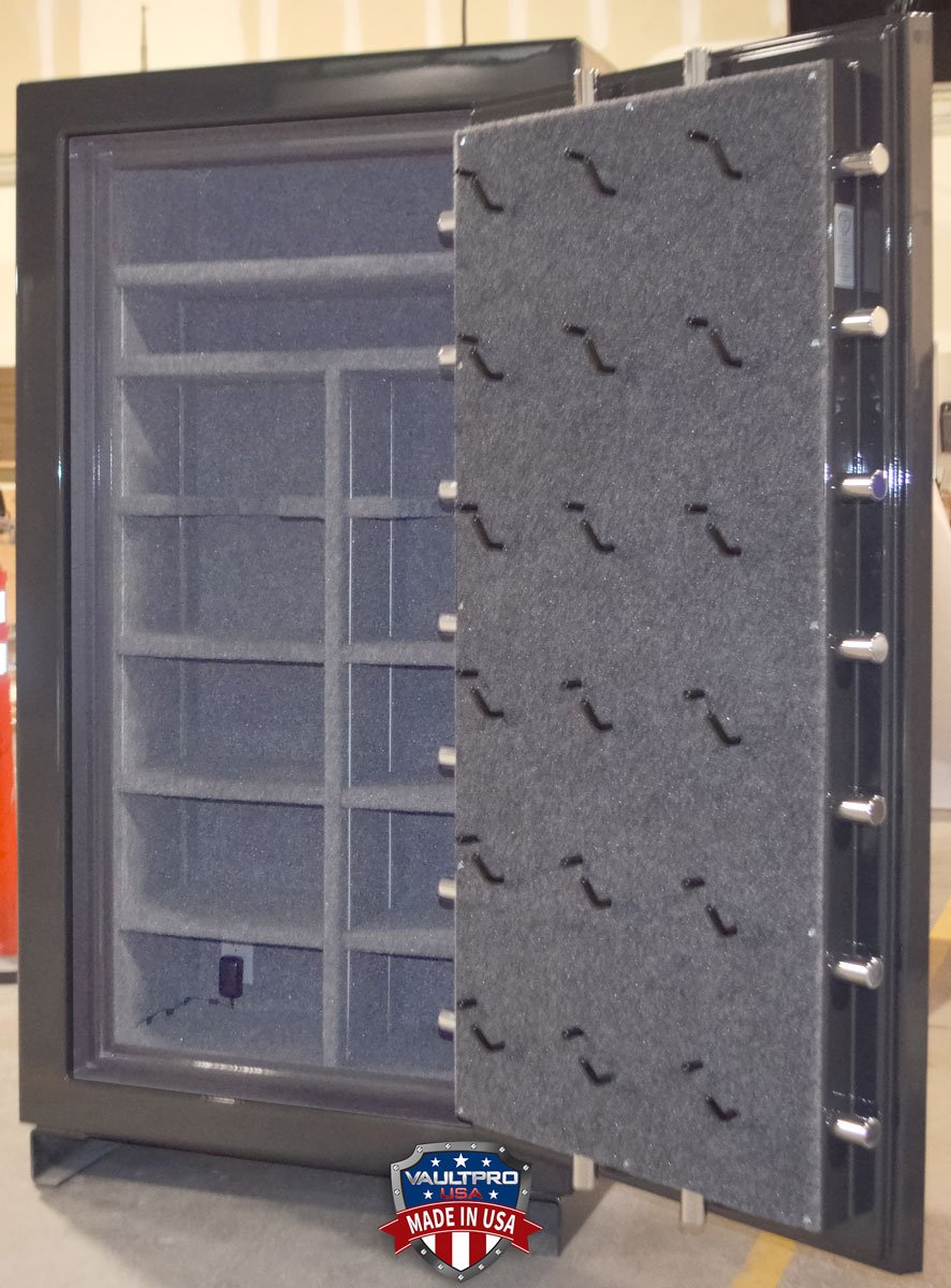 Mid size safe in anthracite dark gray finish. Interior of safe showing shelves and racks. Safes made in USA