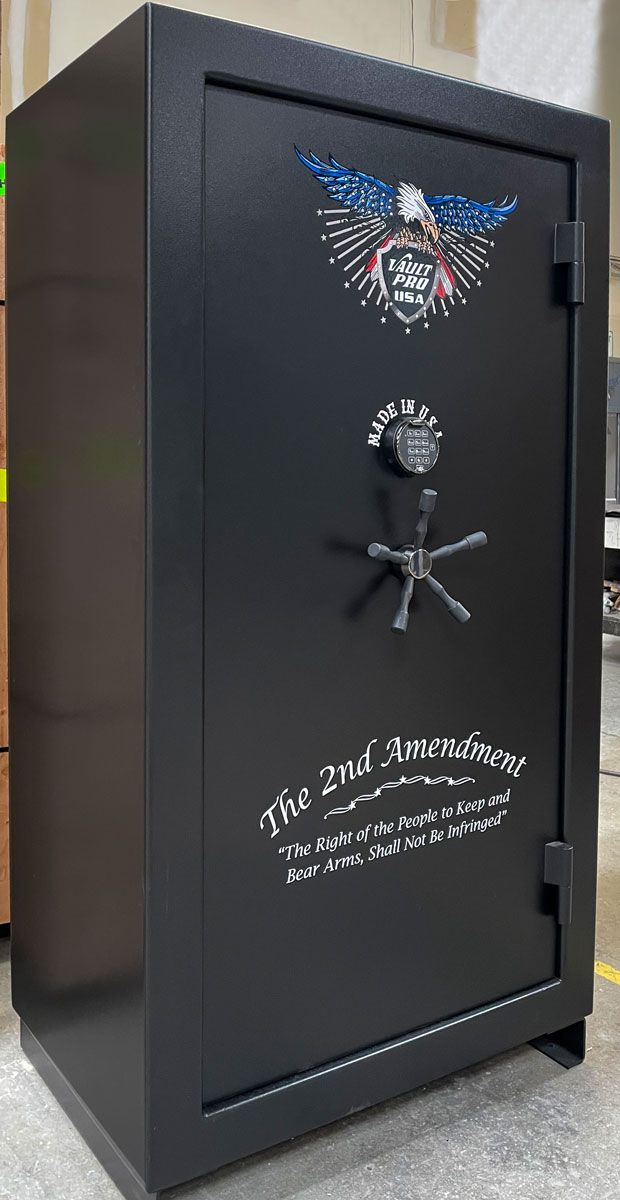 gun safe in matte black with black chrome hardware and 2nd Amendment art.