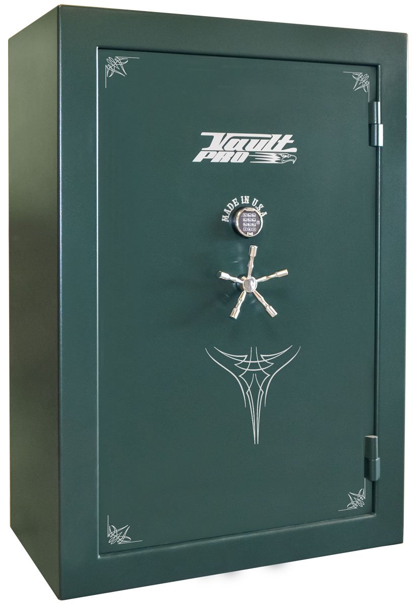 A green safe with a star on the door is on a white background.