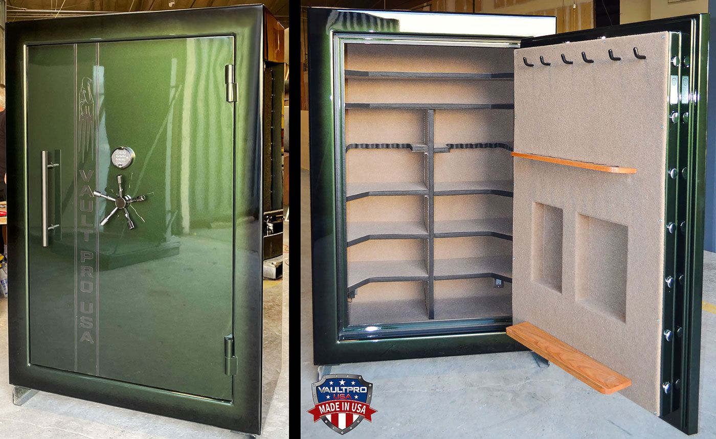Large safe in two-tone dark green to black fade gloss, interior gun racks
