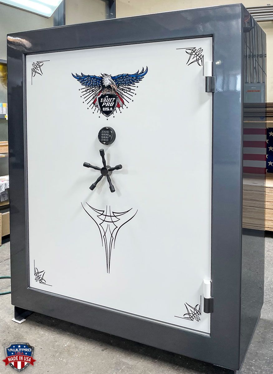 Large American made gun safe with anthracite gray gloss body and diamond white gloss door.