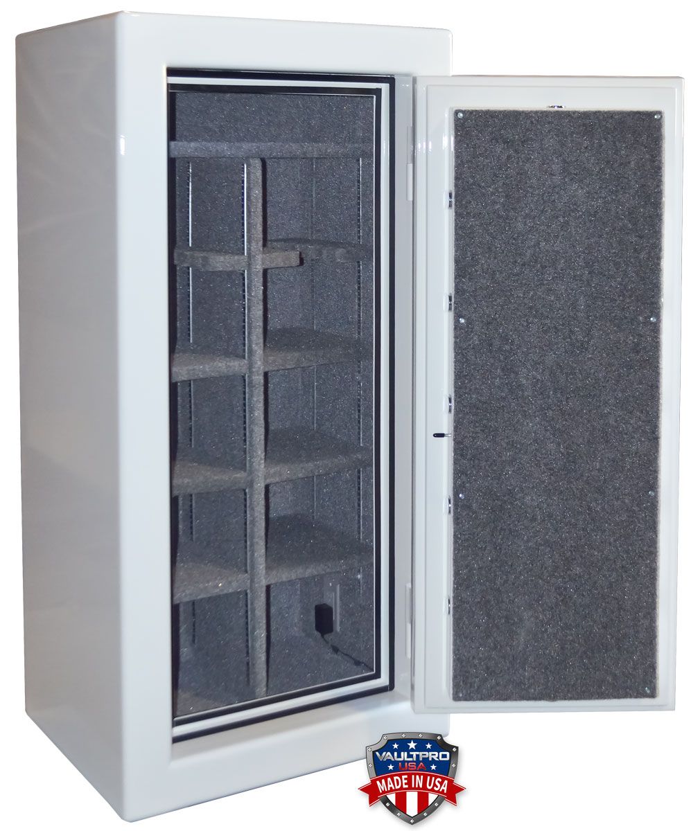 Image of AE-630 model safe in custom Diamond White finish, showing fully configurable interior, L.E.D. lighting and electrical outlet.
