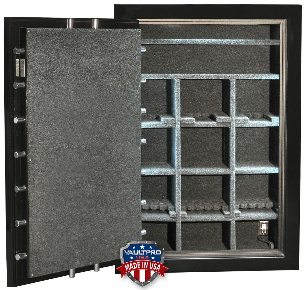 Big safe interior showing gun racks and shelves