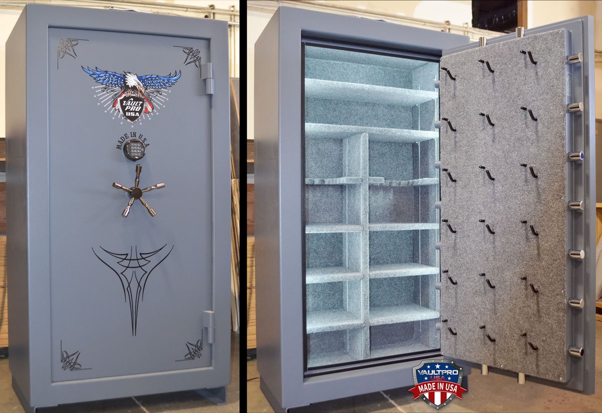Gun safe with L.E.D. interior lighting and Pistol Peg handgun holders.