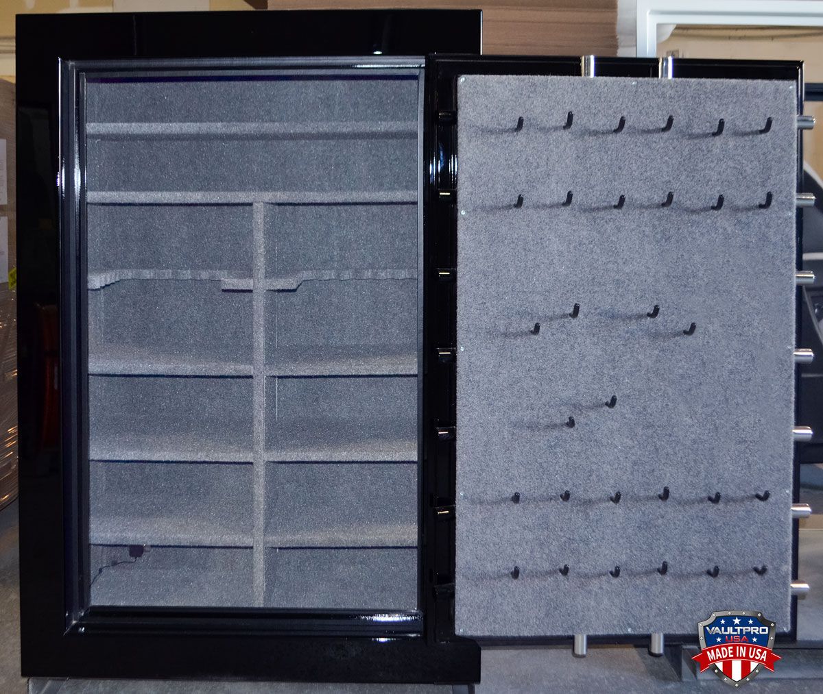 Image of customized interior of large 750 model safe with custom handgun holders to match specific gun types. Vault Pro USA can customize any of our safe interiors.