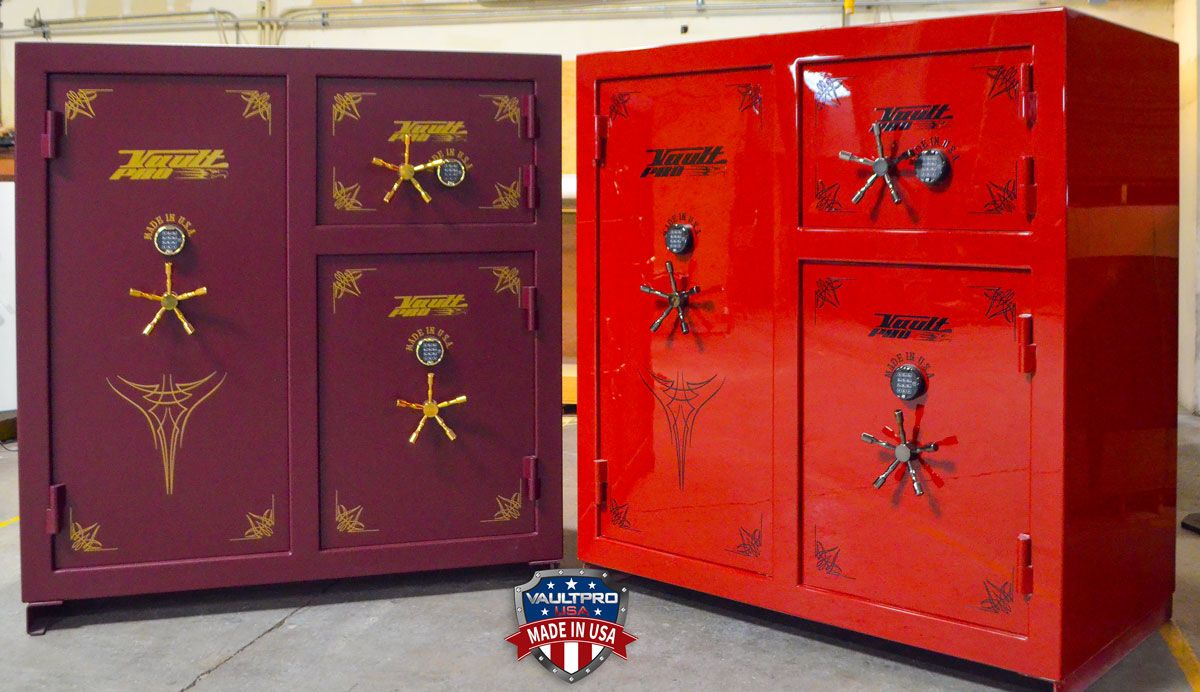 Image of two very large safes by Vault Pro USA. Two Monster Triple Door safes. One is finished in Burgundy matte with gold pinstripe and hardware. The other Monster is finished in custom Laser Pearl Red gloss.