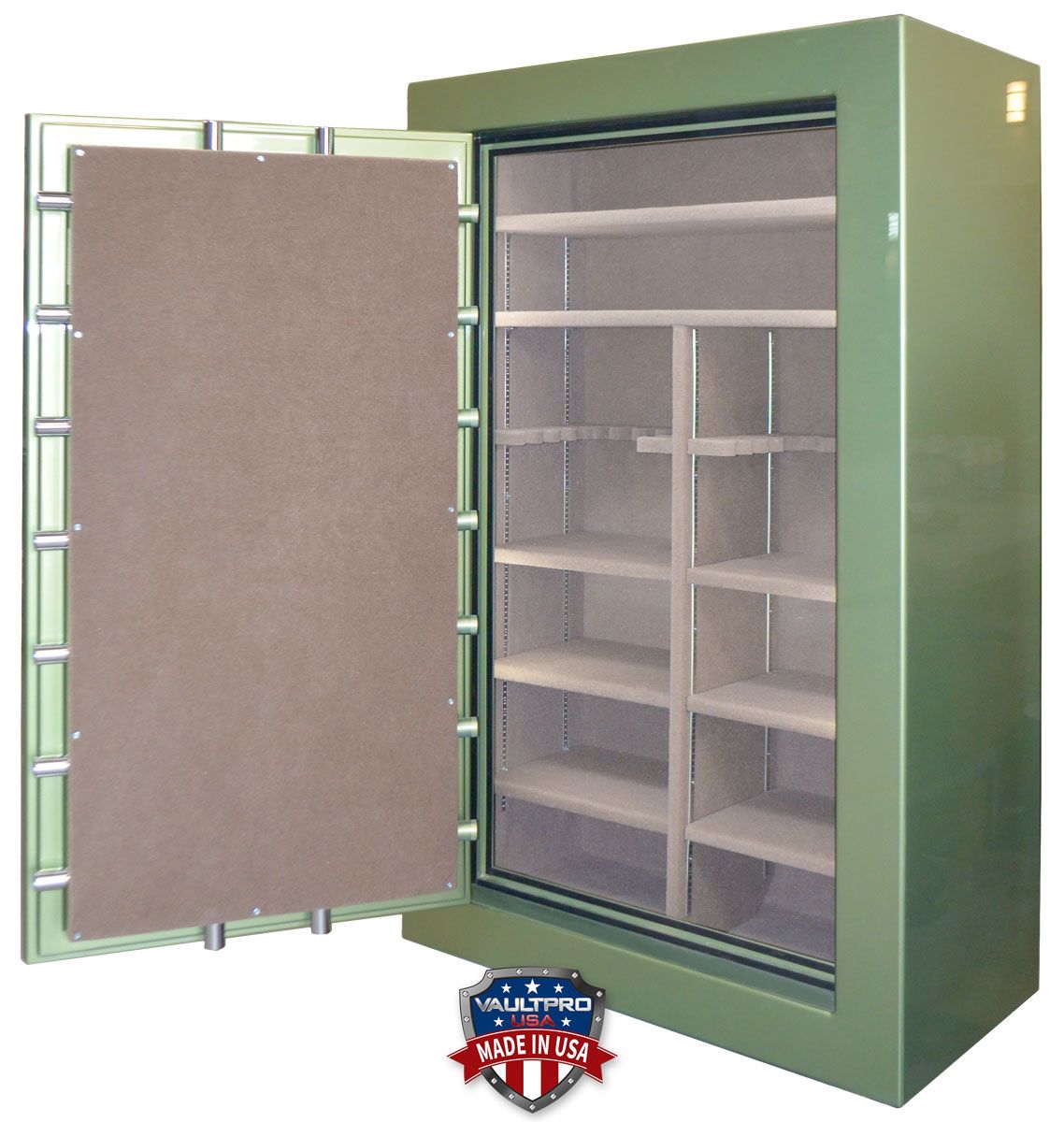 Image of big American made gun safe with fully configurable interior. Up to 45 long gun capacity safe. Shown in premium Alpine Green gloss finish. Made in USA by Vault Pro