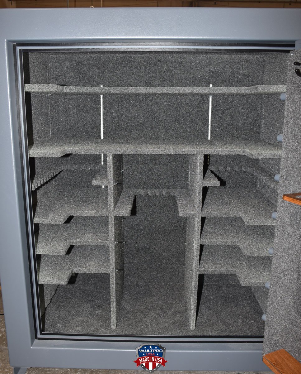 Configurable interior with long gun racks and shelves to accommodate all types of long guns, handguns and other valuables.