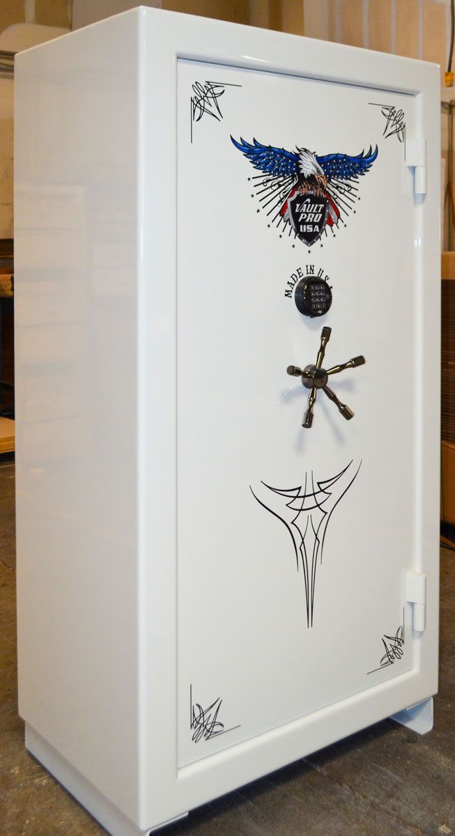American Eagle 740 model safe is finished in Diamond White gloss, with black pinstripe and black chrome hardware.
