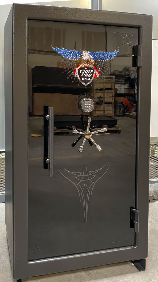 Image of custom large safe with matte black body and black gloss door. Made in America by Vault Pro USA