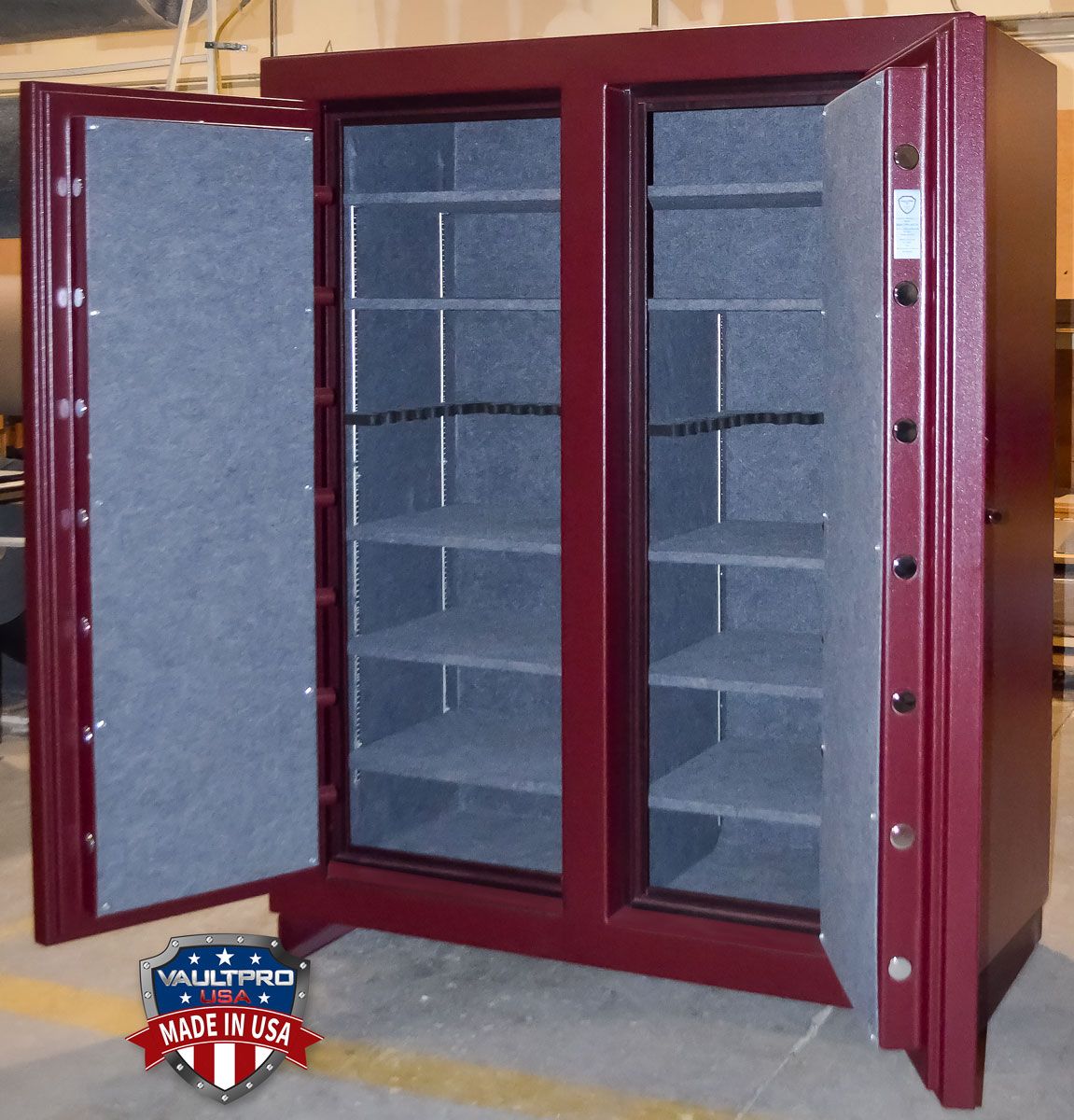 Image of double door gun safe interior with space for 60 long guns, Safes made in America by Vault Pro USA.