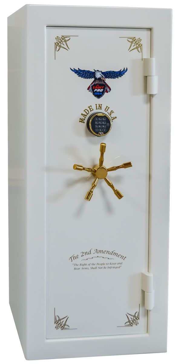 16 gun safe with custom optional Diamond White dual stage gloss finish and 2nd Amendment art.