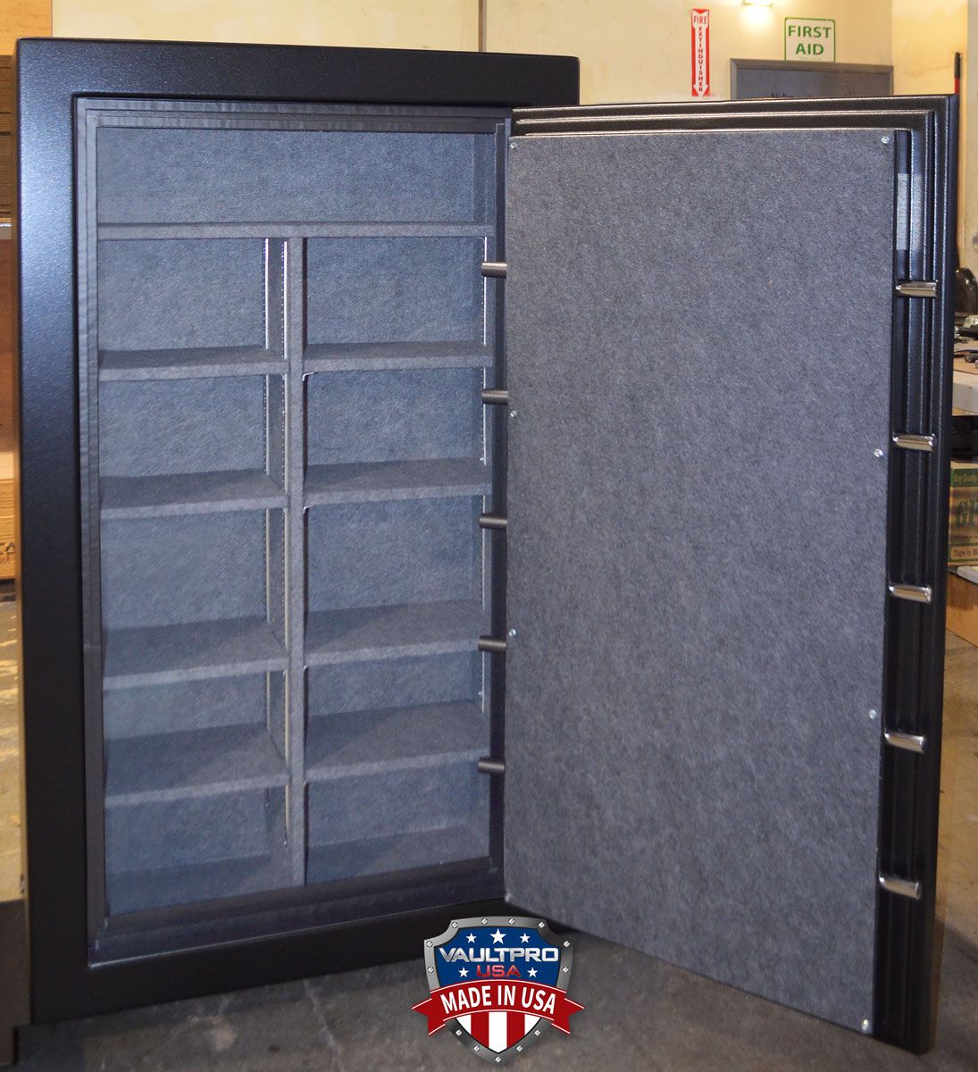 Image of custom safe interior with adjustable shelves, lighting and electrical. Made in USA by Vault Pro