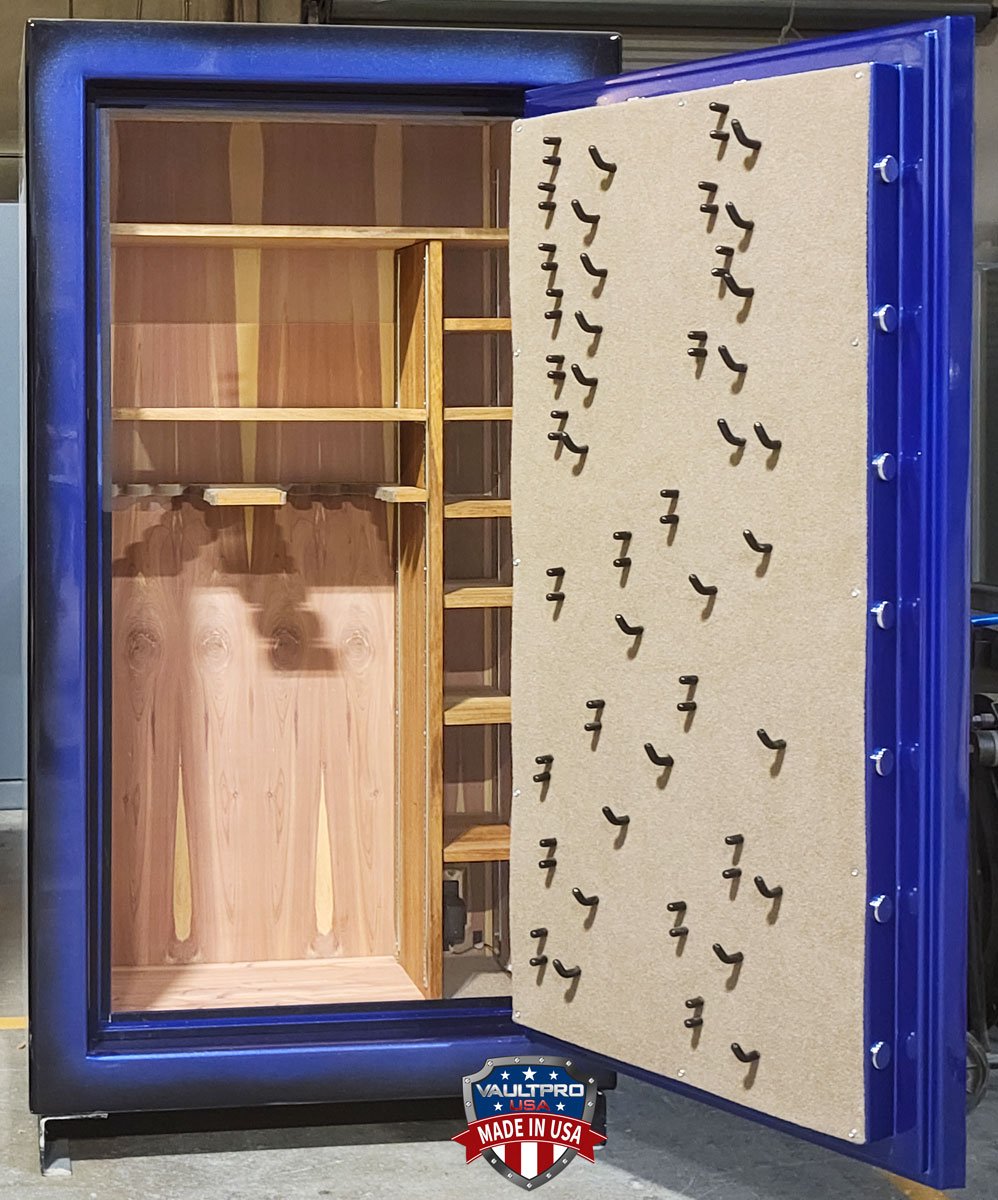 Custom safe with cedar lined interior and custom pistol peg door backing, and automatic bold detent system